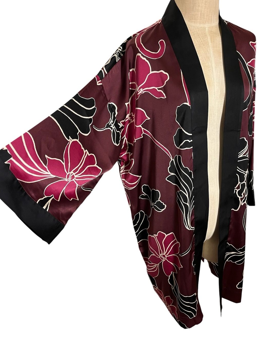 Chico’s Travelers Floral Kimono Duster Cover Up Layering Burgundy Black L/XL NWT